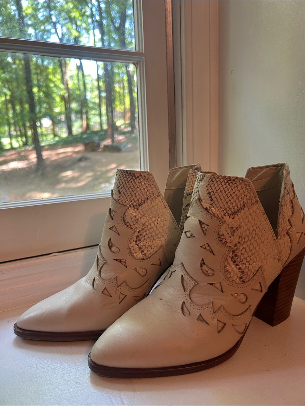 Gianni Bini Cream Cutout Western Booties with Snakeskin Accents